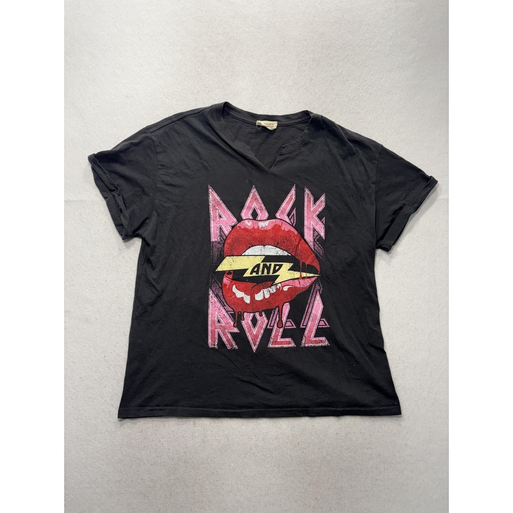 Refined Canvas Womens Large Black Rock And Roll Lips Graphic Tee V-Notch Shirt